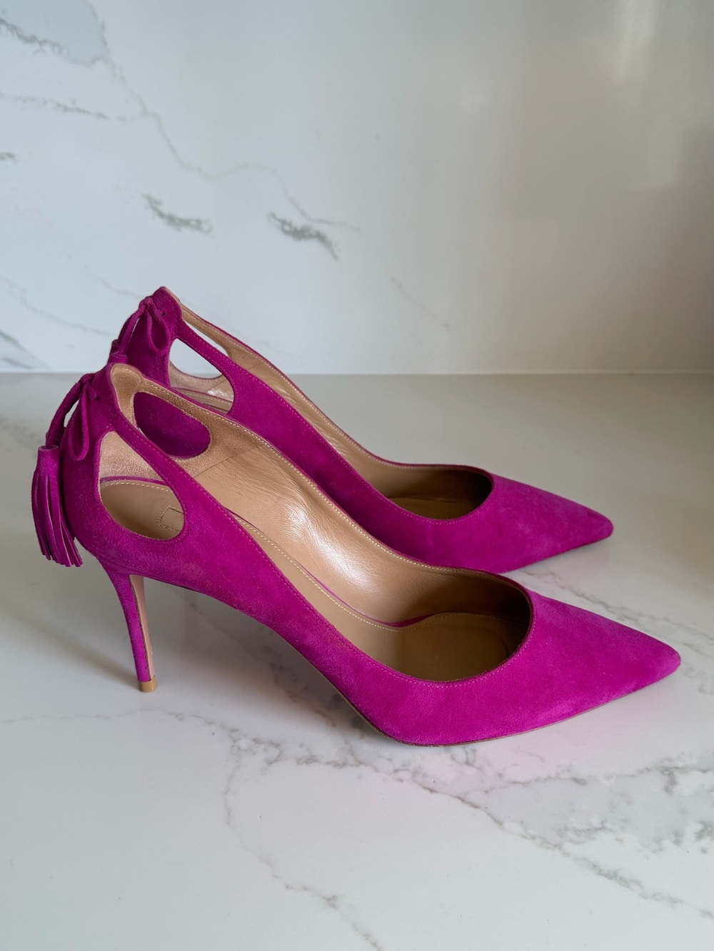 Aquazzura Fuchsia Suede Pointed-Toe Tassel Pumps
